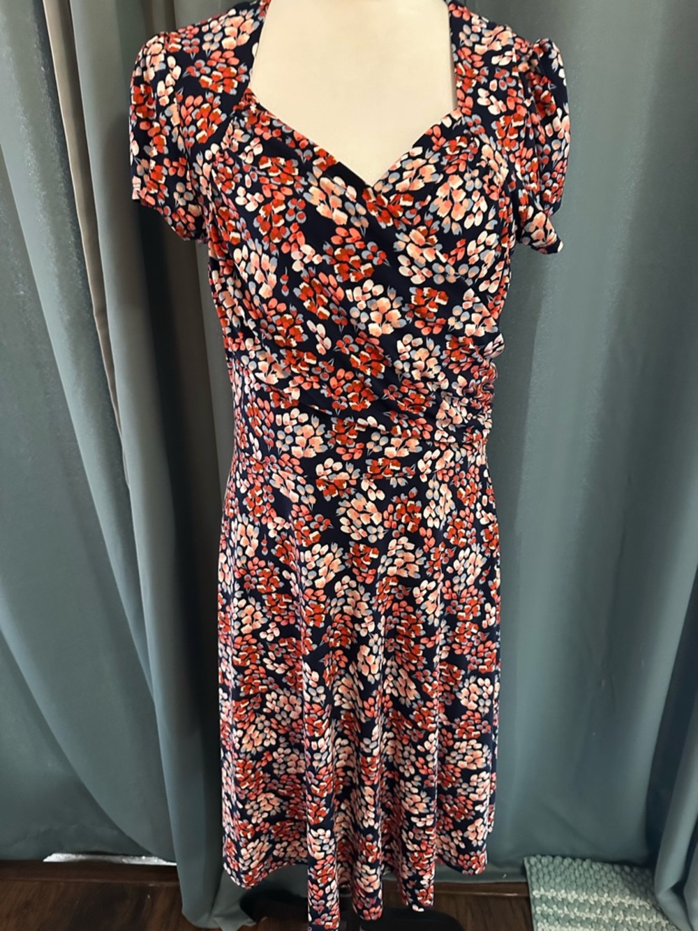 Leota Navy Midi Dress with Coral and Cream Floral Print
